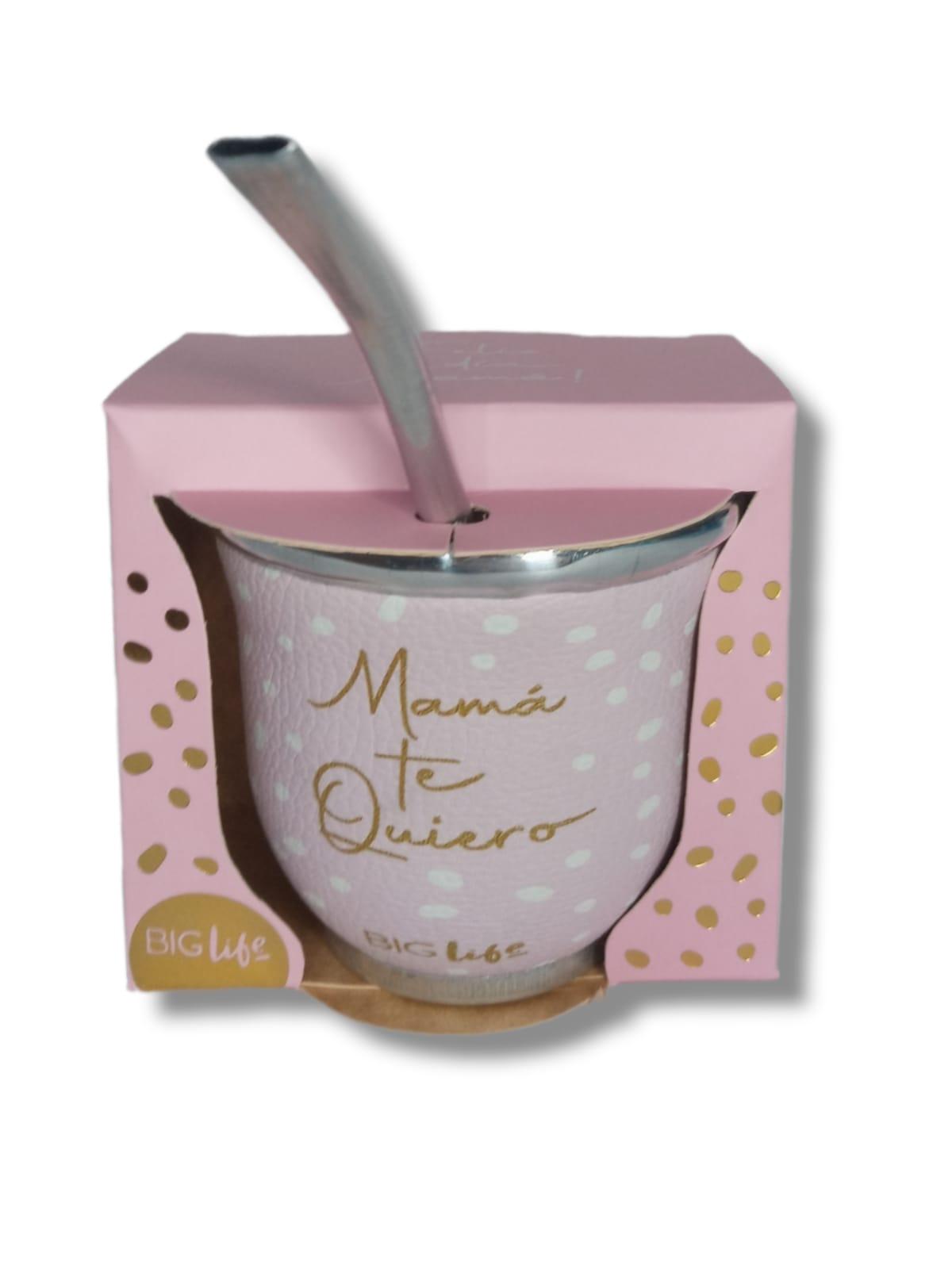 MATE INDIVIDUAL CON BOMBILLA DIA DE LA MADRE ROSA "MAMA TE QUIERO"