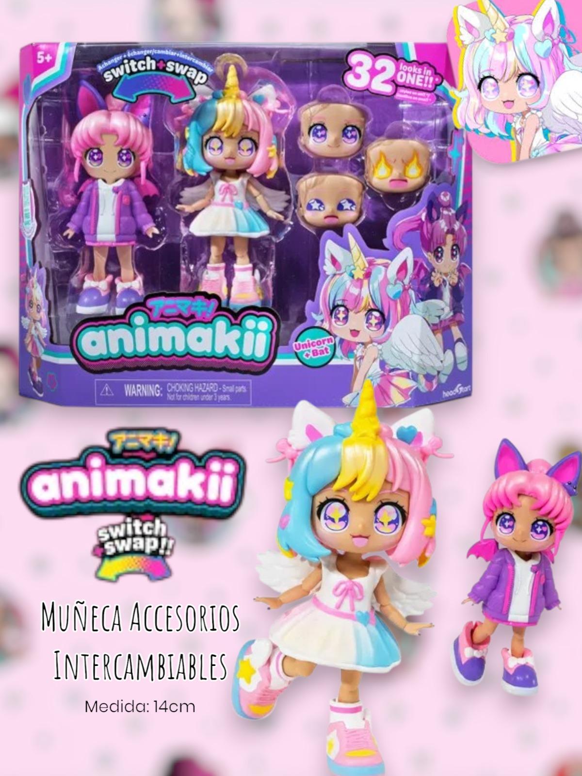 Animakii - Muñeca Accesorios Intercambiables 14cm - Switch & Swap "Unicorn & Bat"