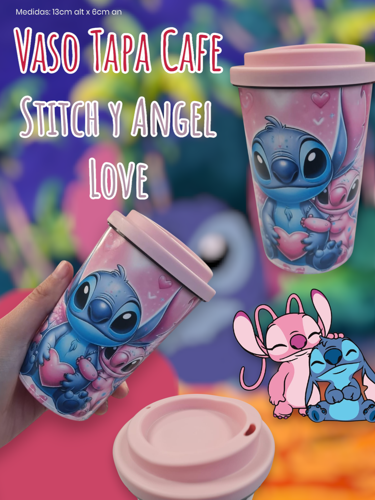 Vaso Tapa Cafe Stitch Angel Love