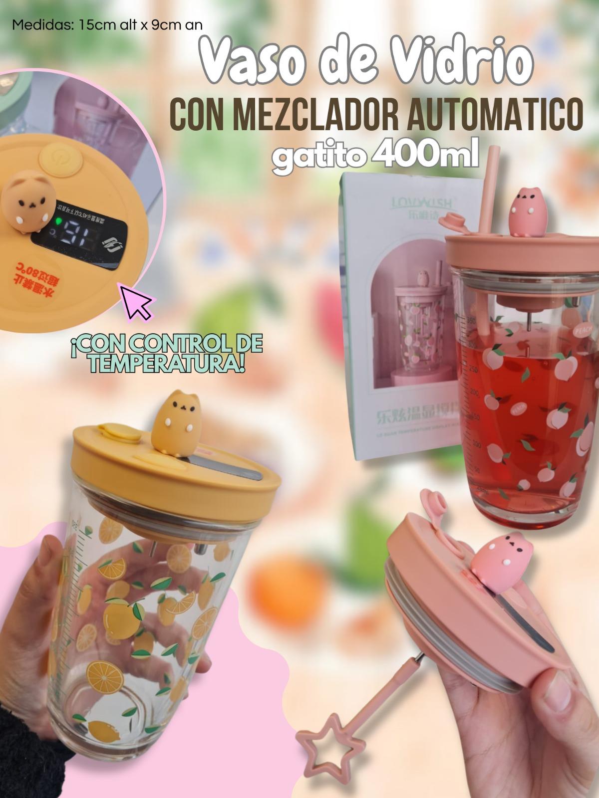 Vaso de Vidrio con Mezclador Automatico Gatito 400ml