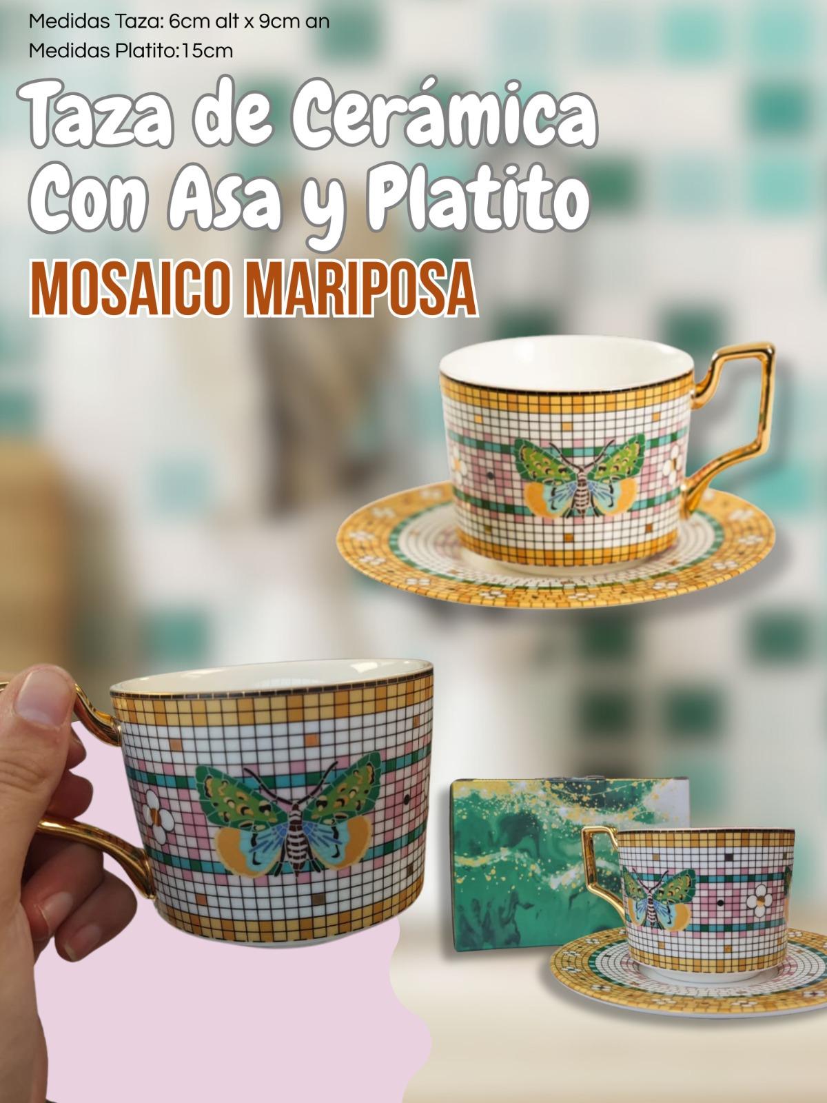 Taza de Ceramica Con Asa y Platito Mariposa Mosaico