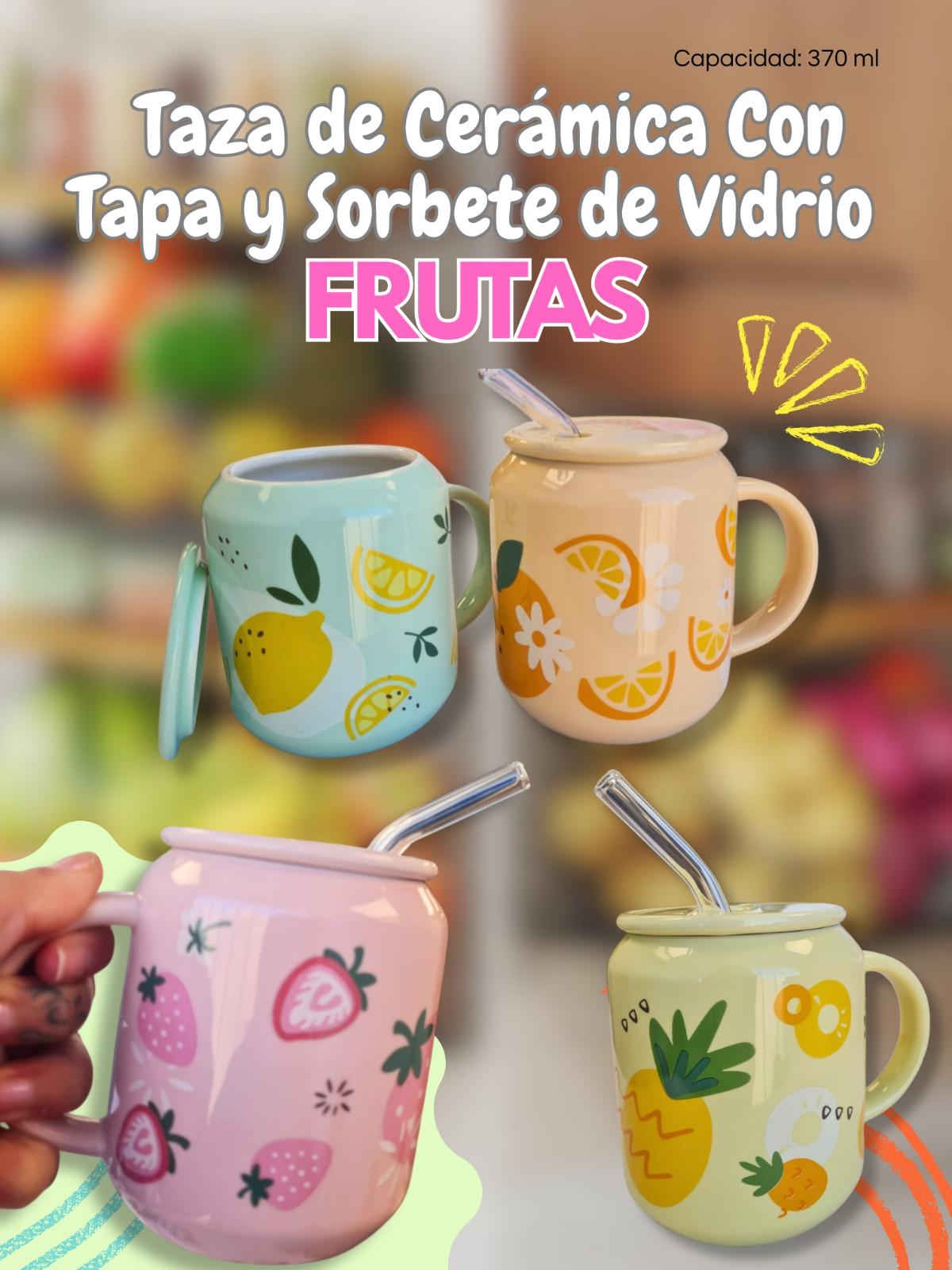 Taza de Ceramica Con Tapa y Sorbete de Vidrio Frutas 370ml