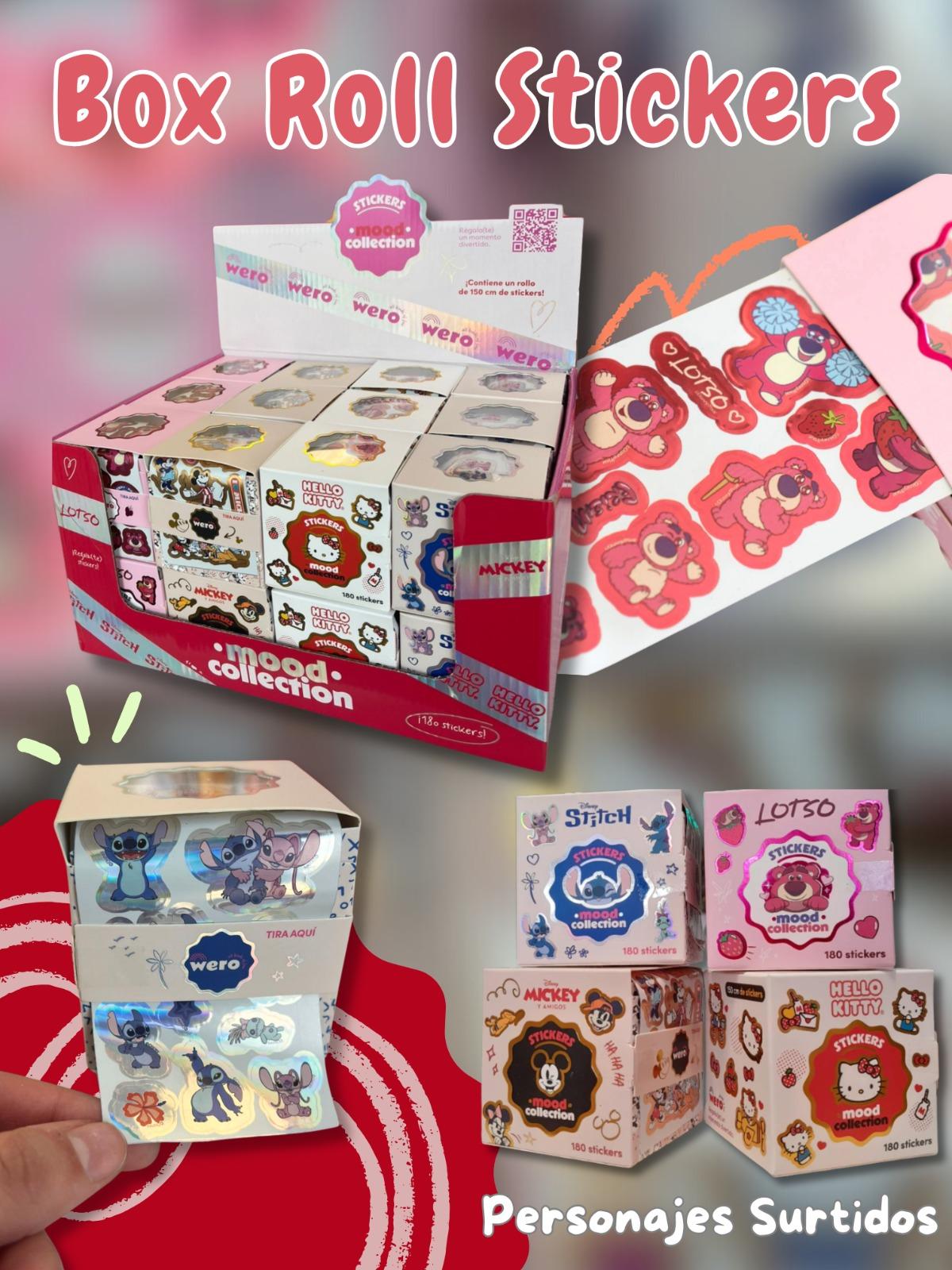 Box Roll Stickers Personajes Surtidos ( Rollo con 1,5 mts de stickers )